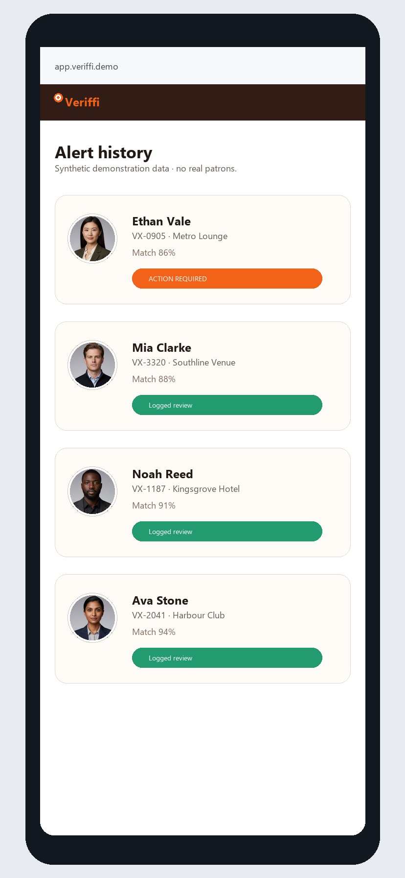 Mobile Veriffi dashboard history screen